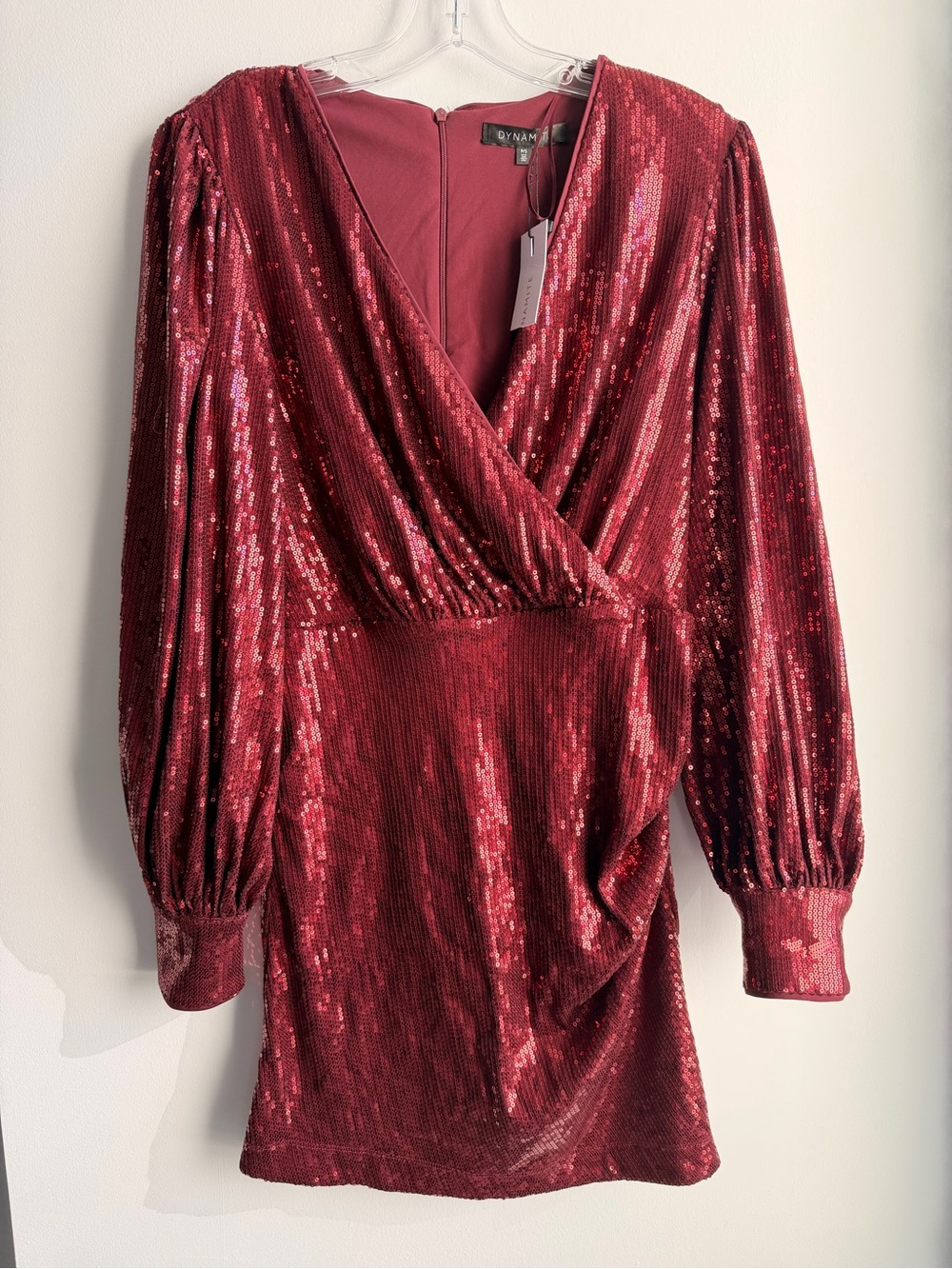 Dynamite Burgundy Sequin Long-Sleeve Wrap Mini Dress